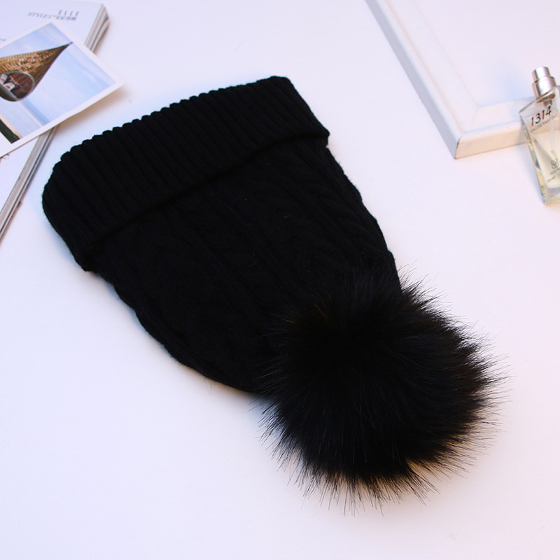 Korean Style Autumn and Winter Fur Ball Thickened Fleece-Lined Woolen Hat Double-Layer Outdoor Twist Hat Women's Student Knitted Hat Wholesale