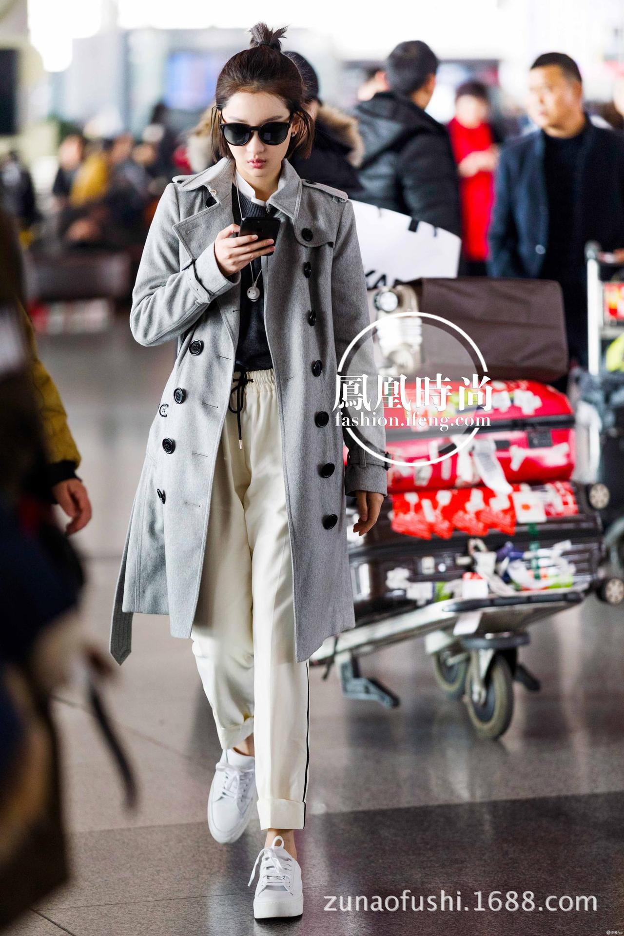 周冬雨明星同款2017秋季新款灰色双排扣大衣风衣中长款过膝女外套