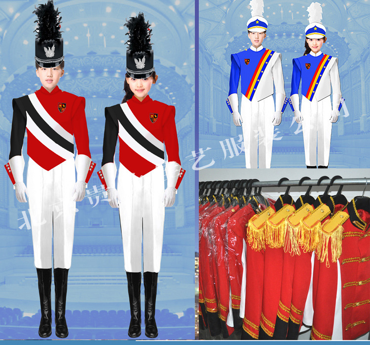 贵仕佳艺厂家订做中小学生鼓号队仪仗队管乐队表演服装蓝色拼黑款