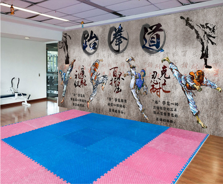 工厂直销3d复古水泥墙跆拳道健身房拳击背景武术馆背景墙无缝墙布