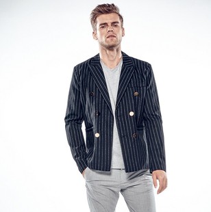 欧美模特实拍男士秋冬新款条纹金色双排扣翻领休闲西服外套速卖通