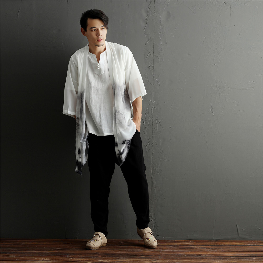 2020夏男装 中国风水墨雪纺男外披薄款不规则宽松长款古风防晒衫