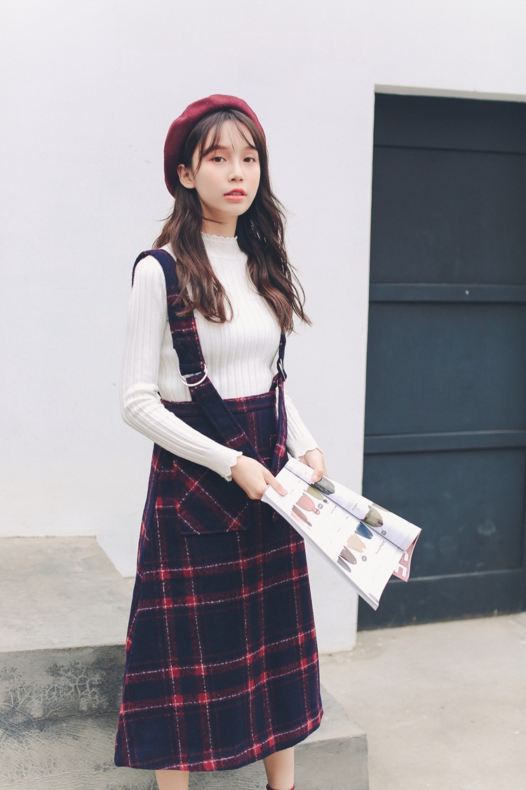 实拍现货 秋冬装新款女格子背带裙复古中长款高腰毛呢裙