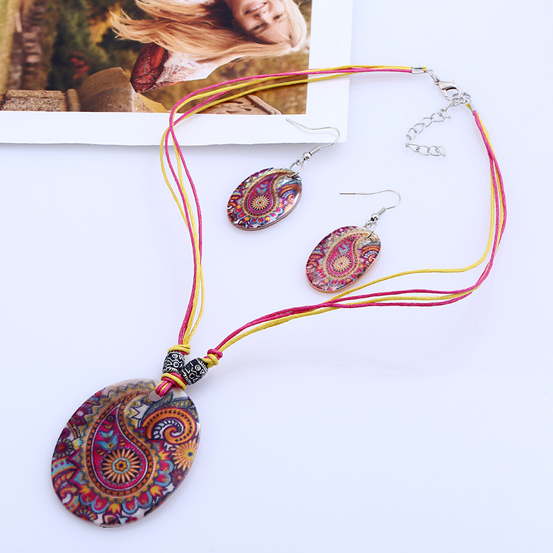波西米亚民族风饰品 几何形贝壳彩绘孔雀羽吊坠项链耳环套装