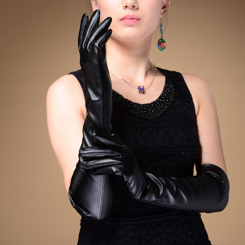 女式长款过肘50cm仿皮手套女韩版秋冬季保暖手套女开车