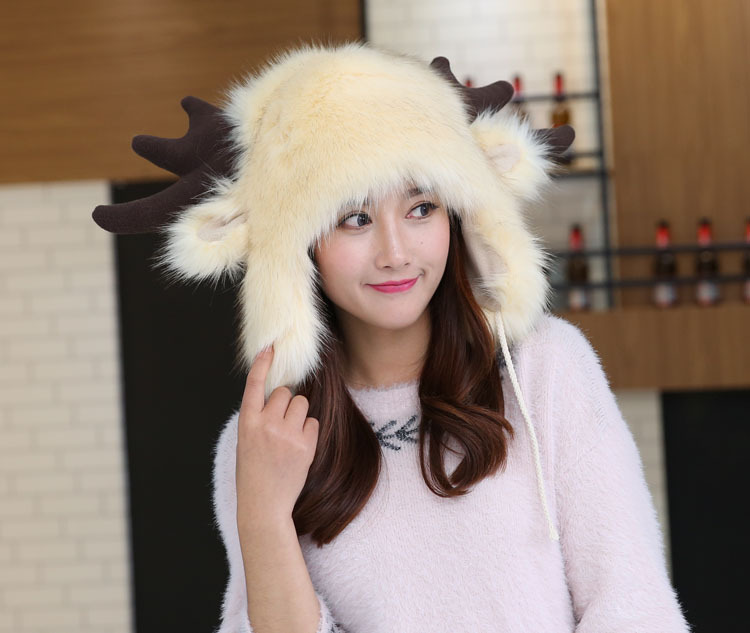 批发冬季双层加厚加绒保暖仿皮草鹿头帽子男女圣诞鹿雷锋帽子