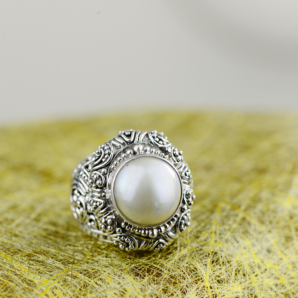 s925银珍珠戒指天然马贝珠精工泰银戒指个性大气男女款饰品批发