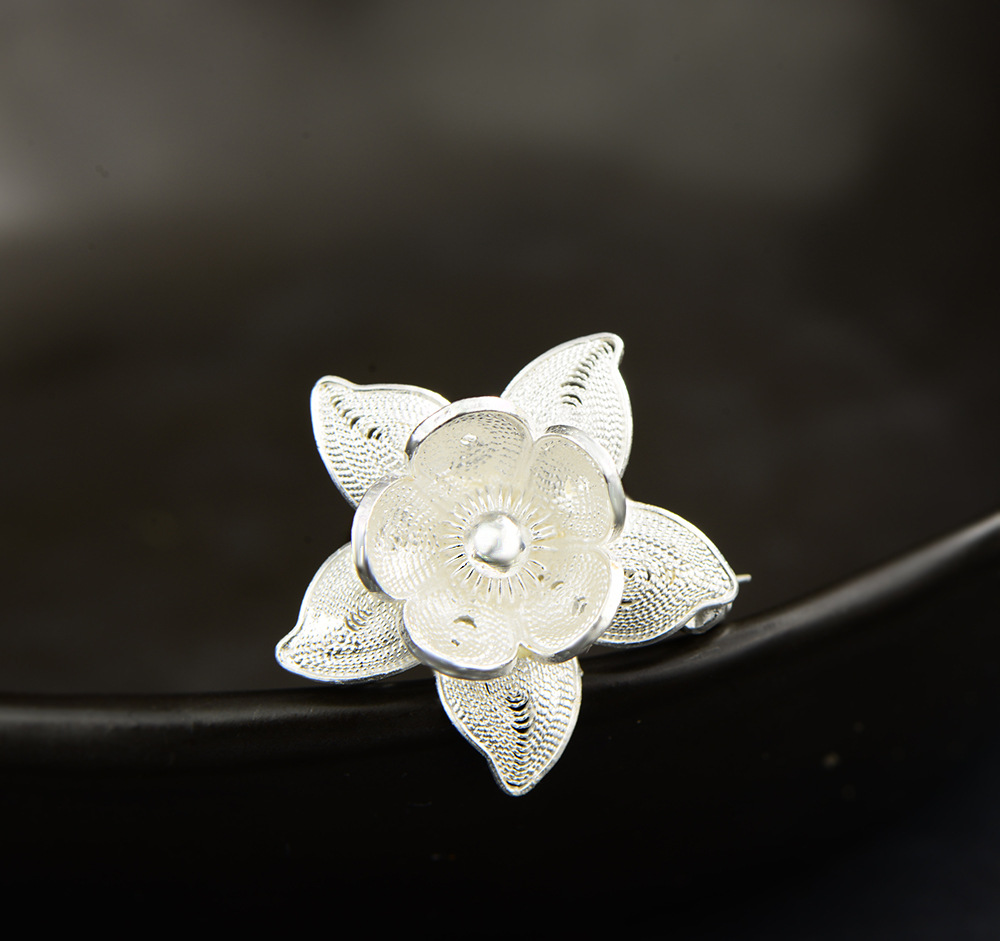 银石湾原创唯美文艺设计s925纯银首饰女素银花朵花卉胸针胸花-饰品