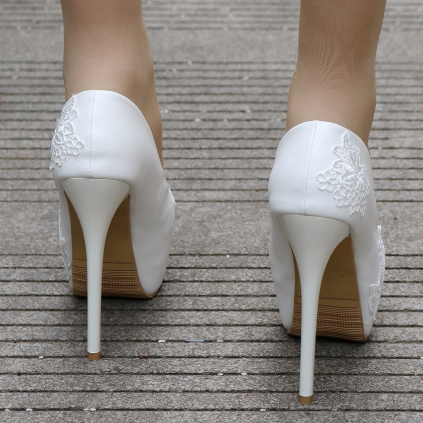 14厘米白色蕾丝网高跟鞋 婚鞋 外贸大码 细跟防水台鞋女 14la