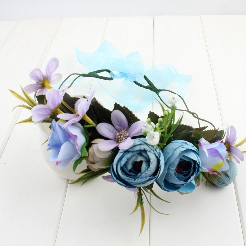 韩式新款仿真花朵花苞花环头箍新娘花朵发带旅游布艺花环头饰