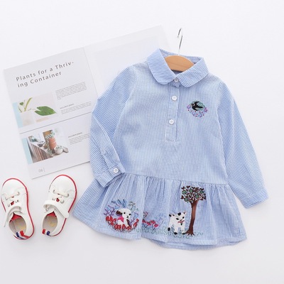 katoofely2018春季新款童装女童儿童条纹绣花连衣裙 女孩童裙批发