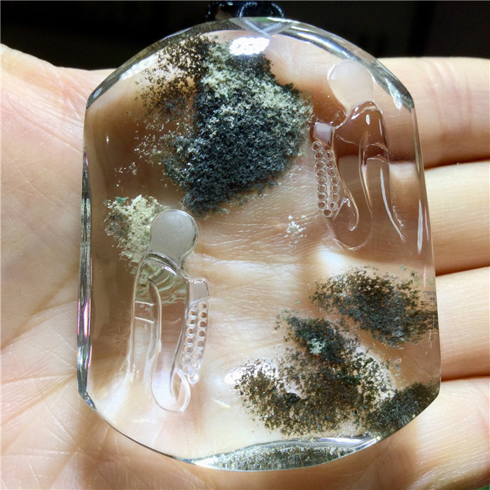东海水晶天然灰幽灵聚宝盆俏色巧雕悟道佛吊坠