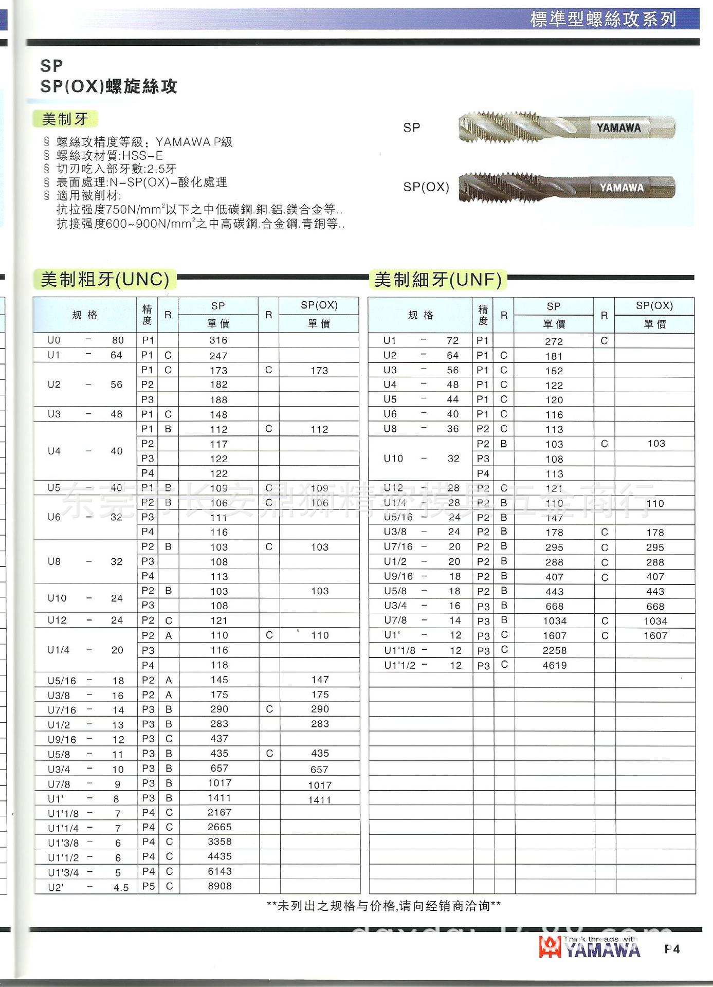 注:另有加大精度丝攻,规格较多价格没有一一列出,有需要可以