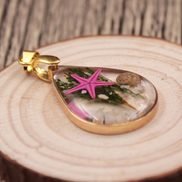 跨境热卖 水滴形金属镶边吊坠 树脂海星标本项饰女项链厂家批发