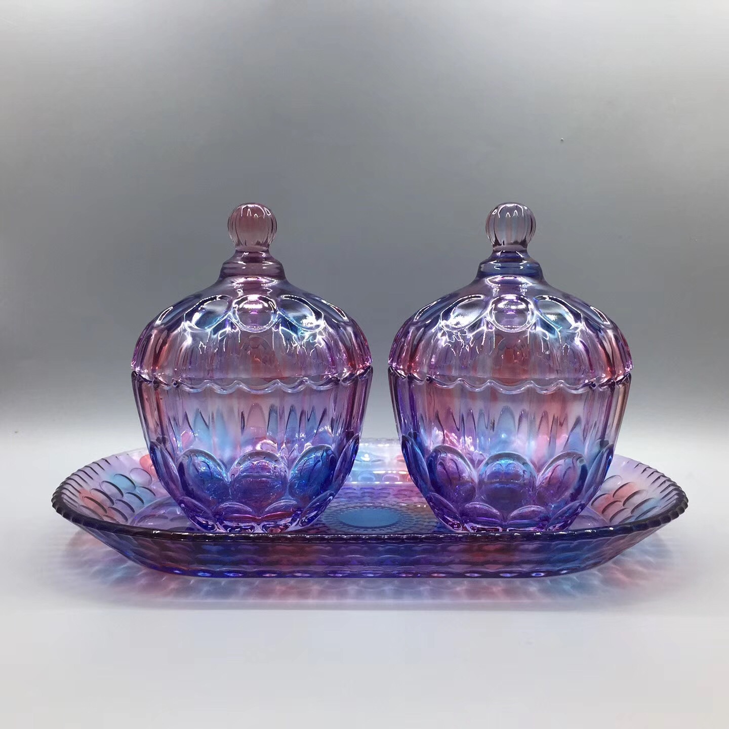 欧式琉璃色水晶玻璃糖果罐三件套装婚庆礼品创意储物罐干果罐