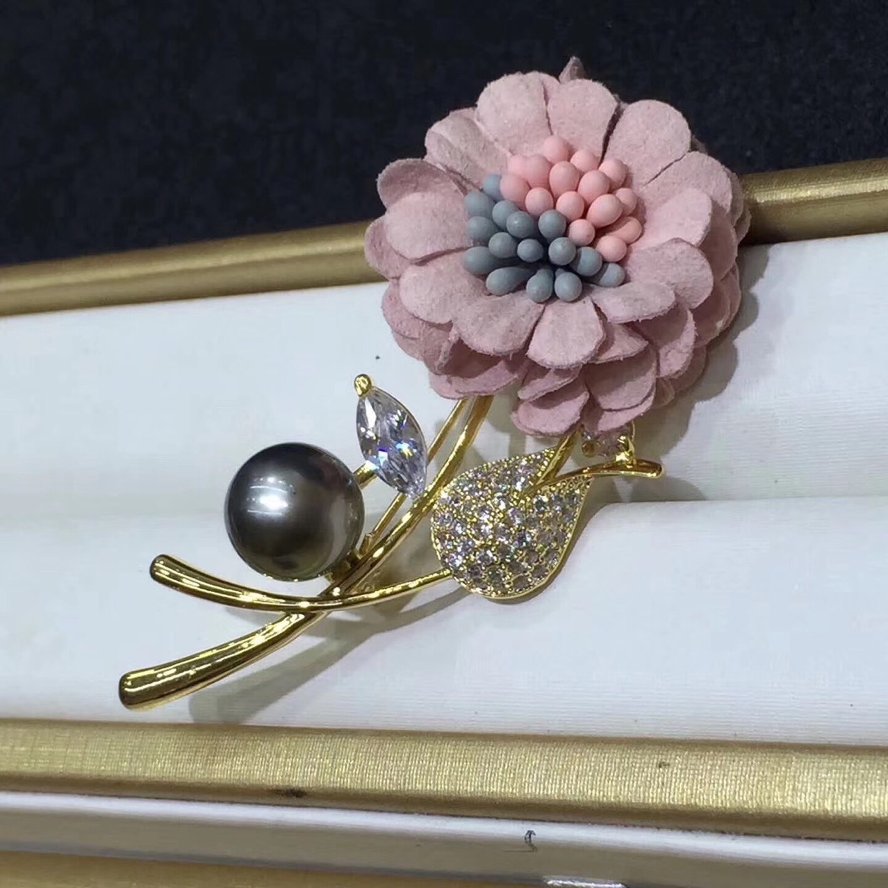 新款向日葵调布海水珍珠胸花黑珍珠2色可选