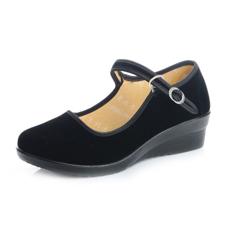 老北京布鞋女鞋坡跟黑布鞋酒店鞋工作鞋中跟舞蹈礼仪一字带妈妈鞋