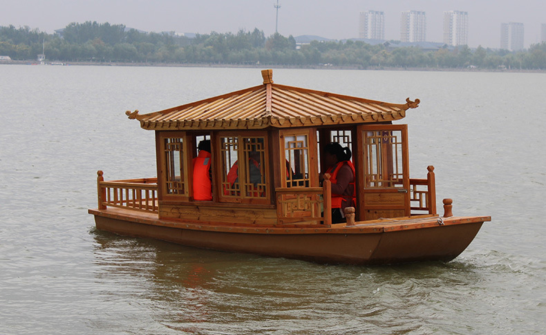 小型画舫木船 公园游船 电动观光船 景区自驾游船 中国风仿古木船