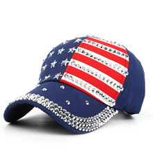 夏秋新款韩版潮新款美国国旗镶钻牛仔棒球水洗夏户外太阳帽鸭舌帽