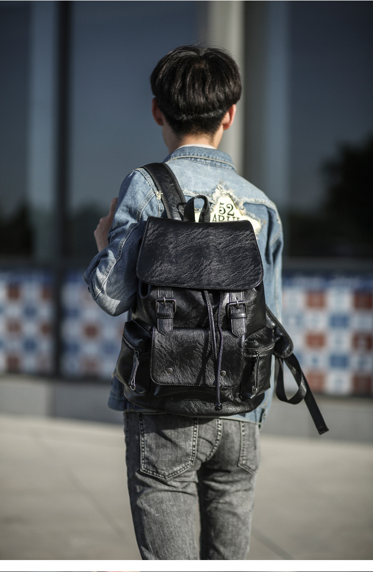 鑫宁双肩包男韩版pu商务潮流翻盖抽带时尚背包学生书包男士旅行包