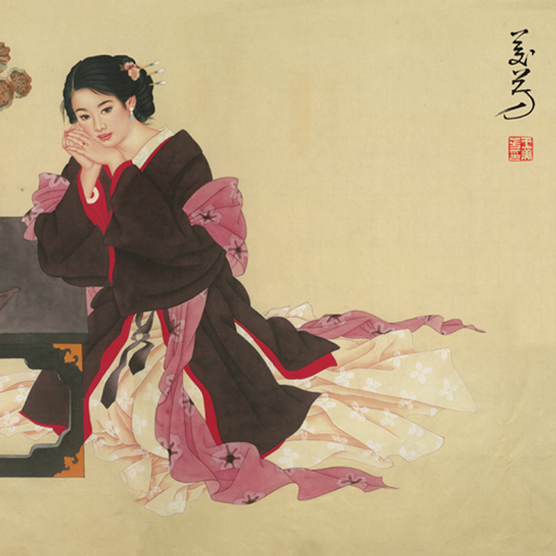 厂家直销艺术微喷横幅画芯名家仿真国画王美芳沉思女字画装裱定制