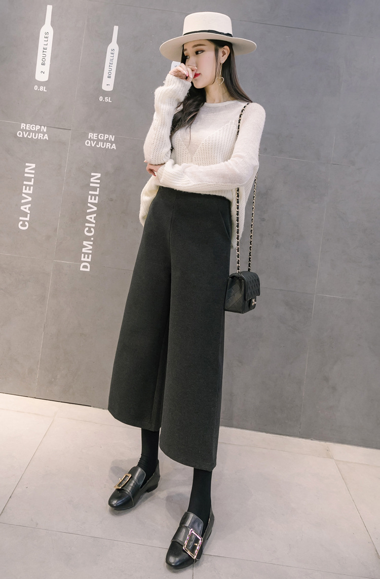 2017新款秋冬七分毛呢阔腿裤女秋冬加厚九分高腰宽松显瘦休闲裤子