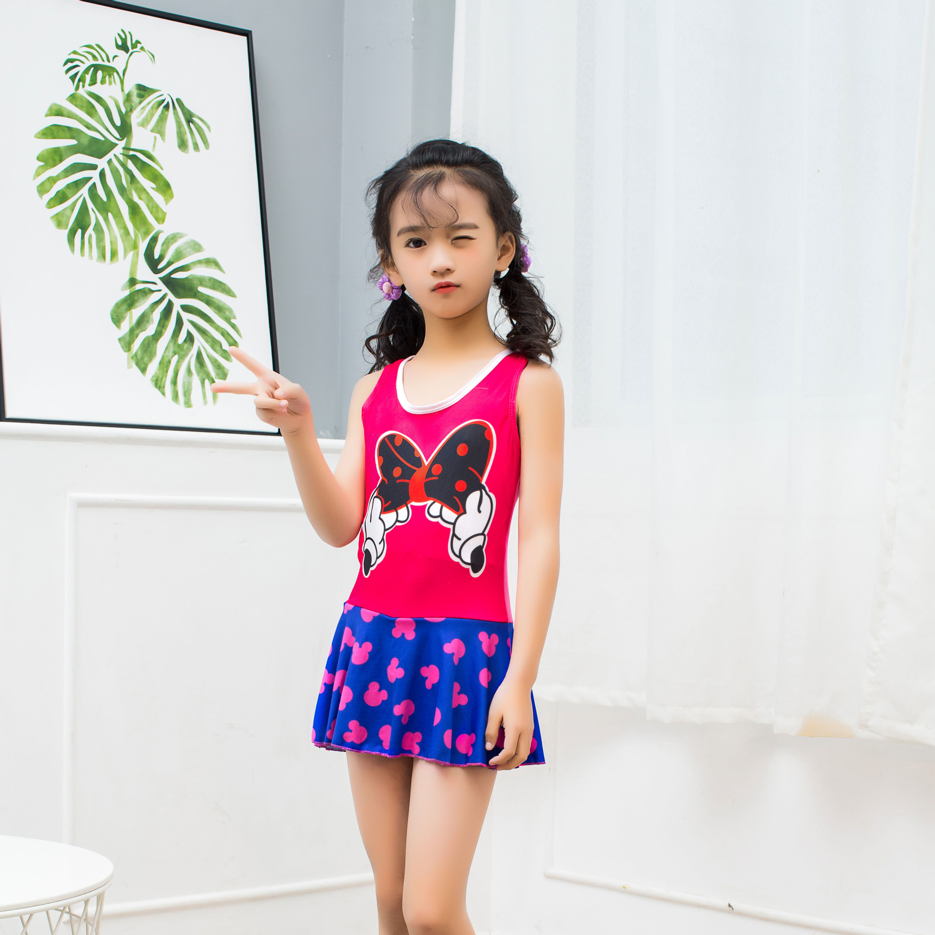 2018新款卡通印花儿童泳衣 女童宝宝比基尼连体温泉泳衣 银1852