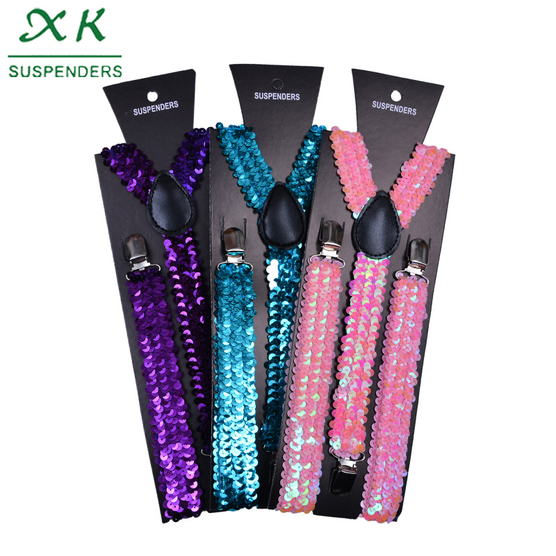 Adult Color Sequin Strap Performance Strap Clip Universal Elastic Three-Clip Strap Suspenders Factory Wholesale