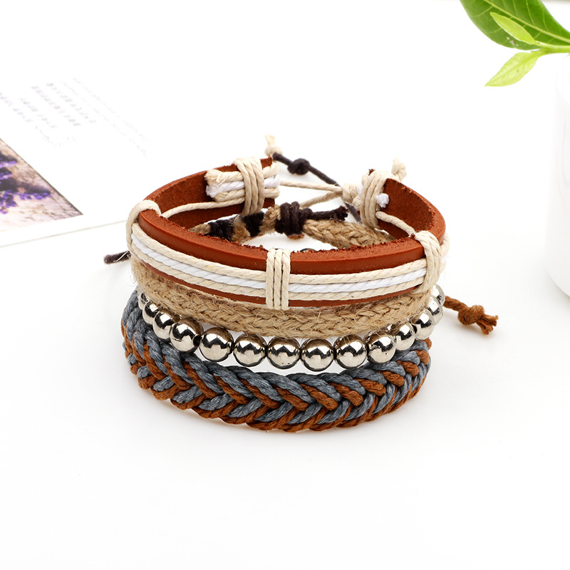 手工编织手链饰品 真皮皮绳蜡绳麻绳多根组合手链 四件套一件代发