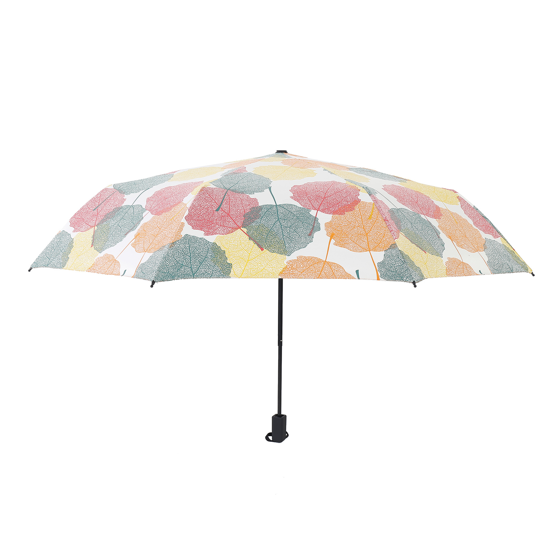 新款树叶黑胶手开晴雨伞 批发折叠黑胶伞三折8骨两用晴雨伞