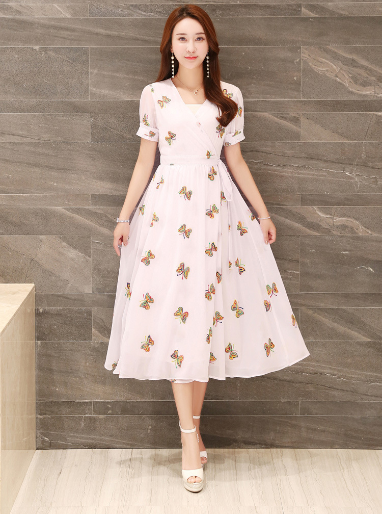 a728短袖碎花收腰长款雪纺裙