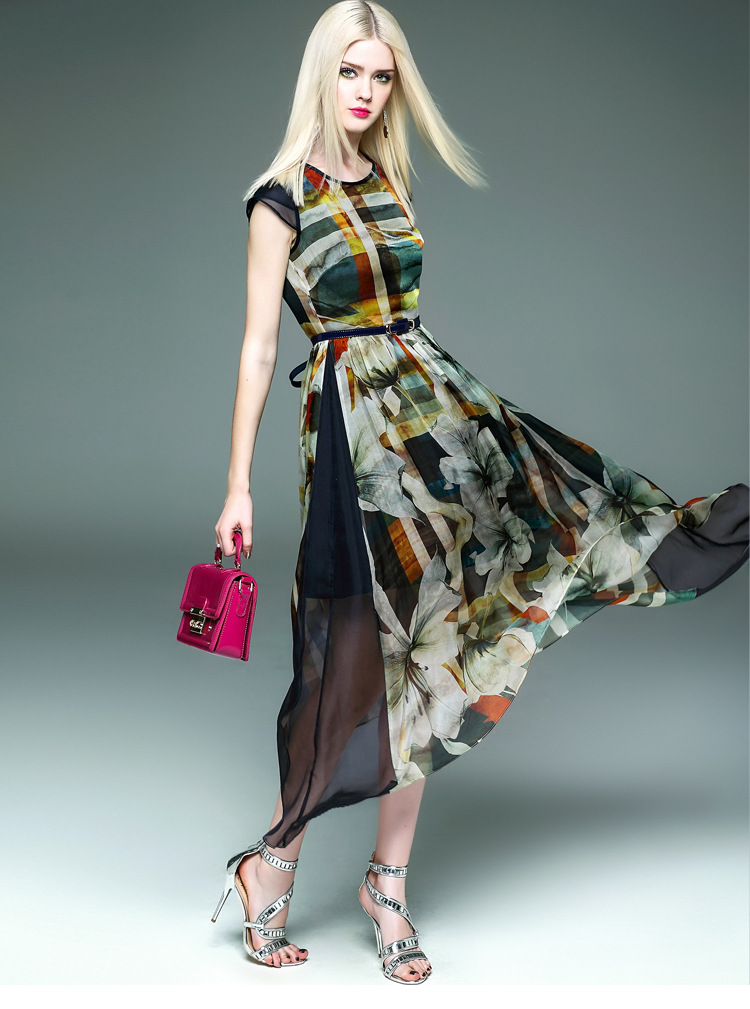 2017夏季新款短袖桑蚕丝真丝连衣裙女修身中长款印花裙送腰带1824