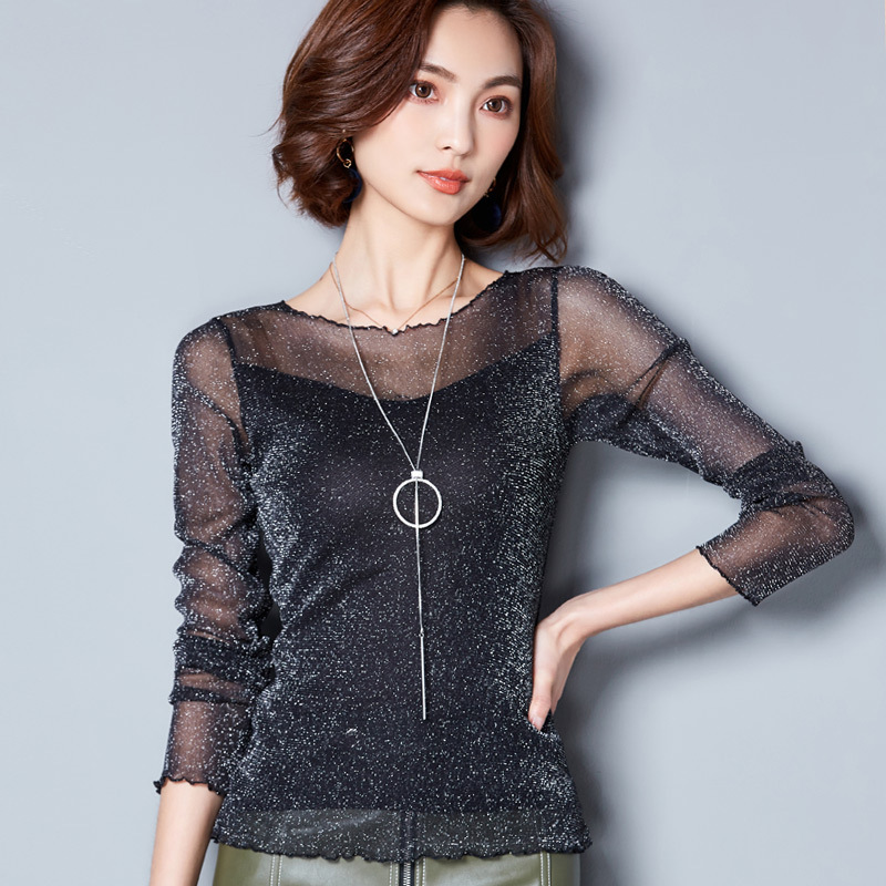 Autumn New Korean Style round Neck All-Matching Gold and Silver Silk Mesh Sexy Base Shirt Women's Long Sleeve Slim T-shirt Top