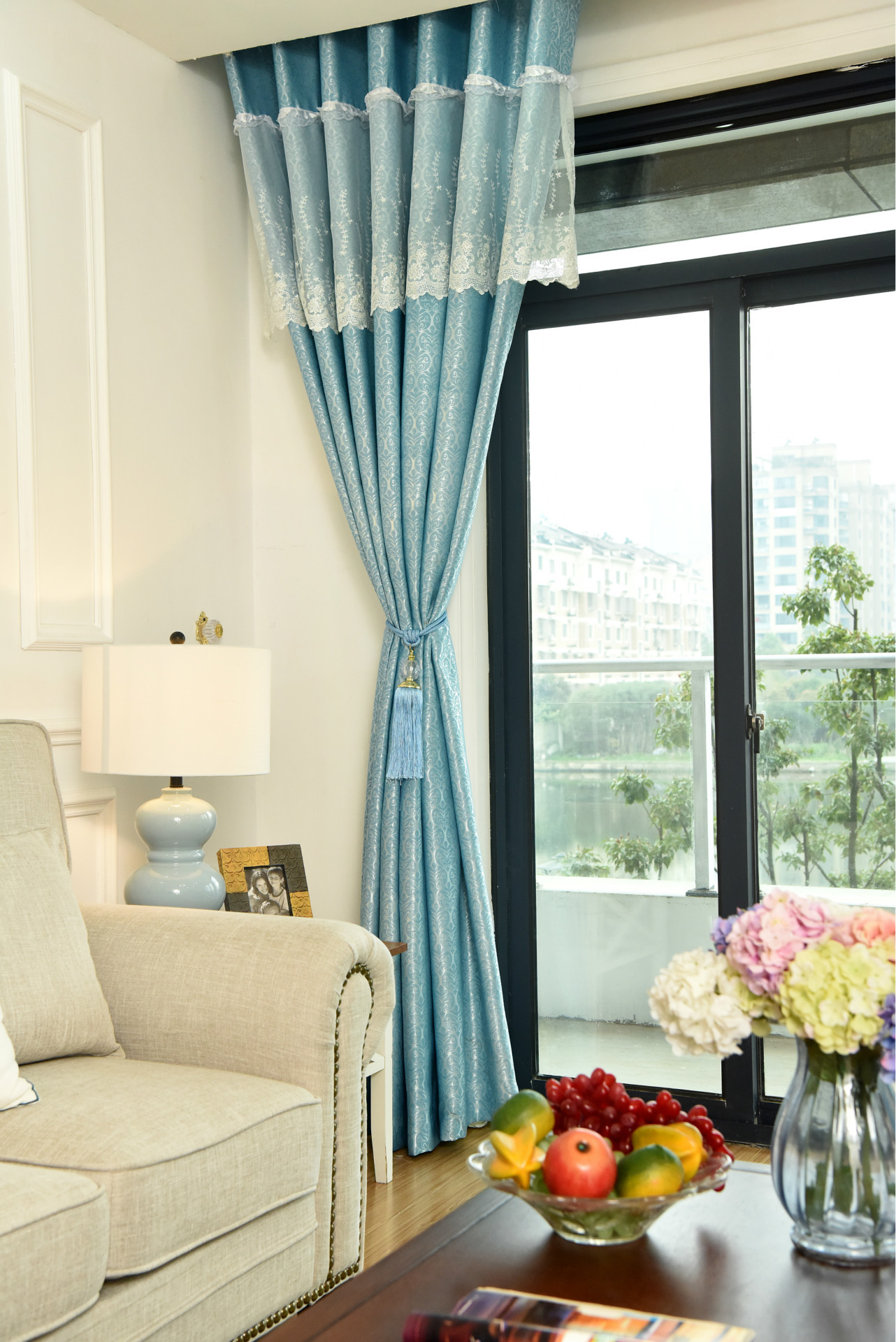 2017新款蕾丝拼接窗帘粉色蓝色客厅卧室儿童房婚房成品窗帘定制