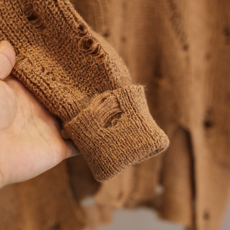 新款破洞毛衣女 宽松粗针百搭套头v领毛衣 打底衫纯色套头外套