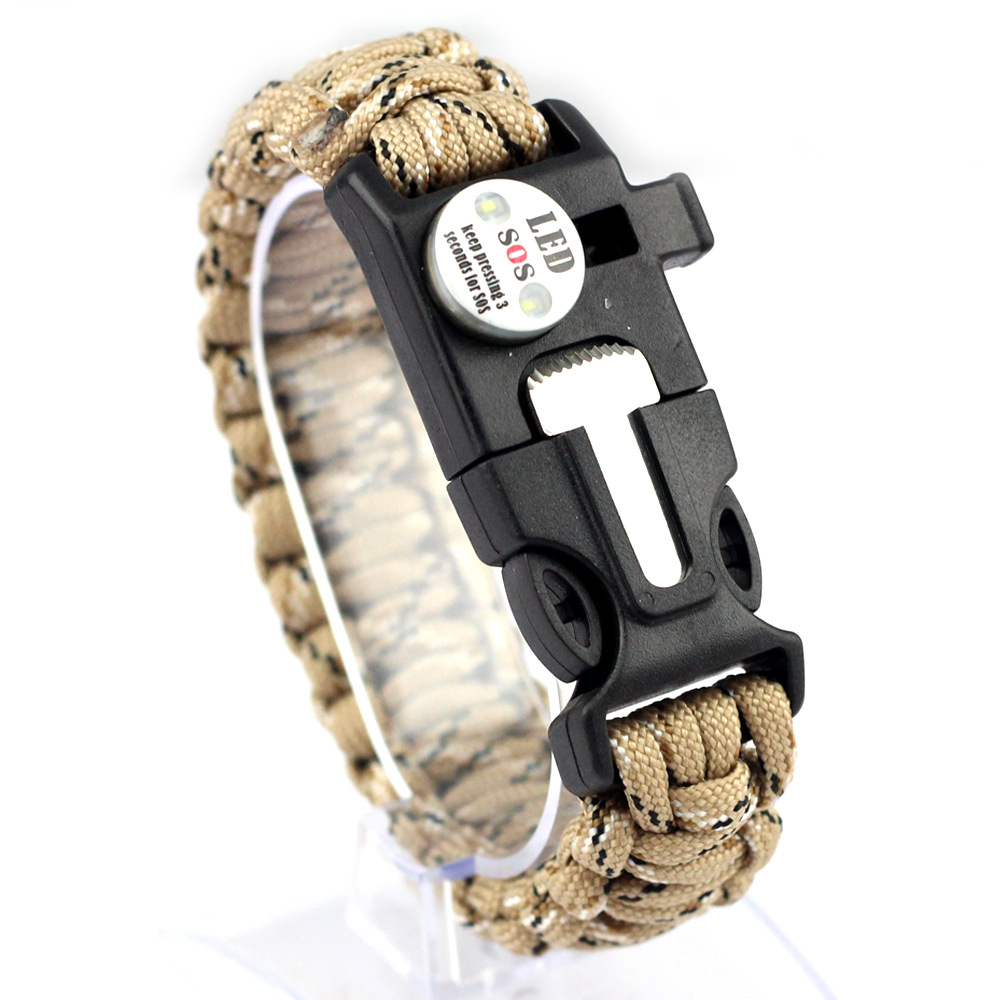 七芯应急逃生救生手环求生伞绳手链 户外sos led灯生存编织手绳