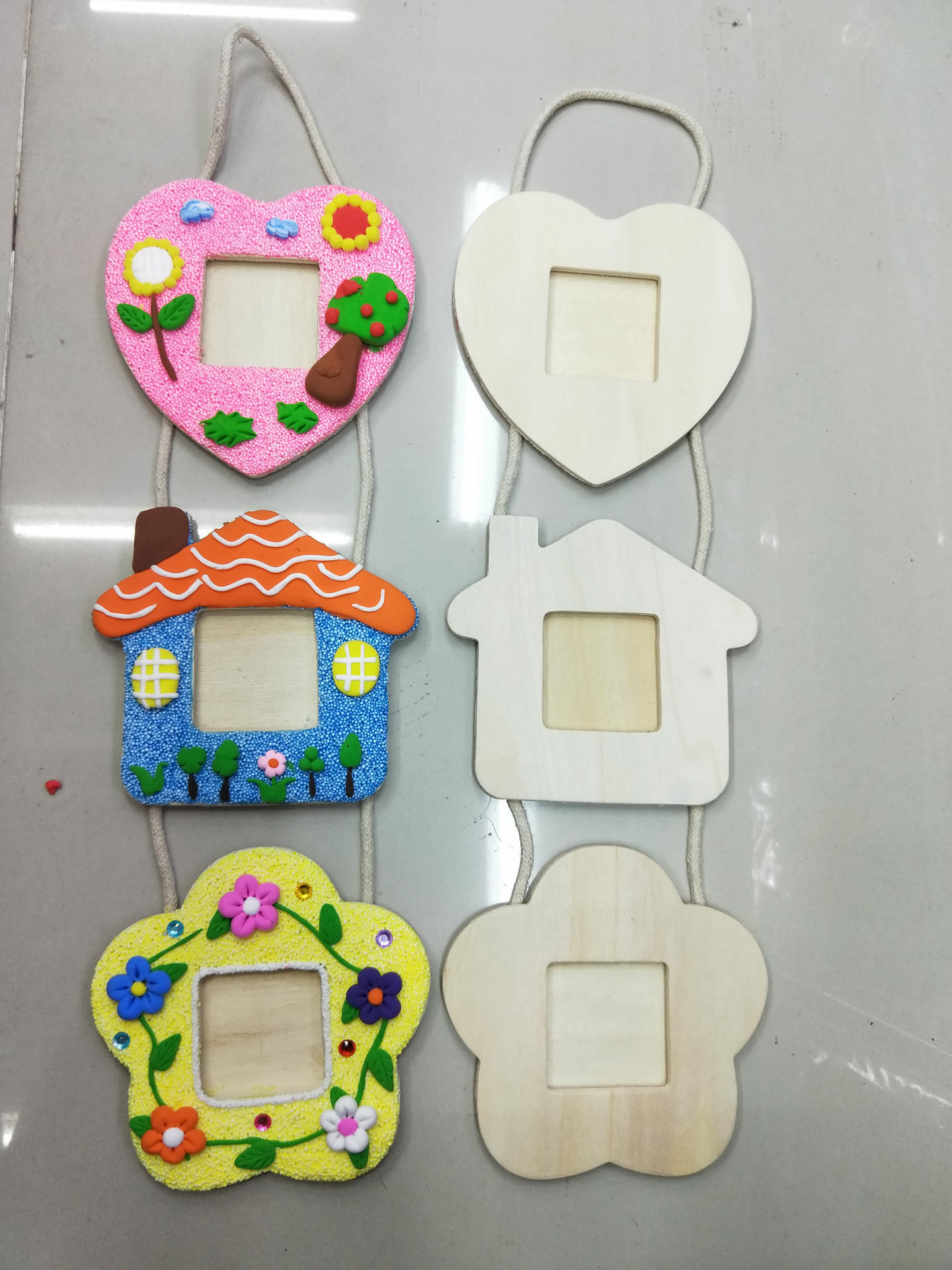 儿童创意diy木质白胚三连相框黏土珍珠泥填色亲子幼儿园美劳用品