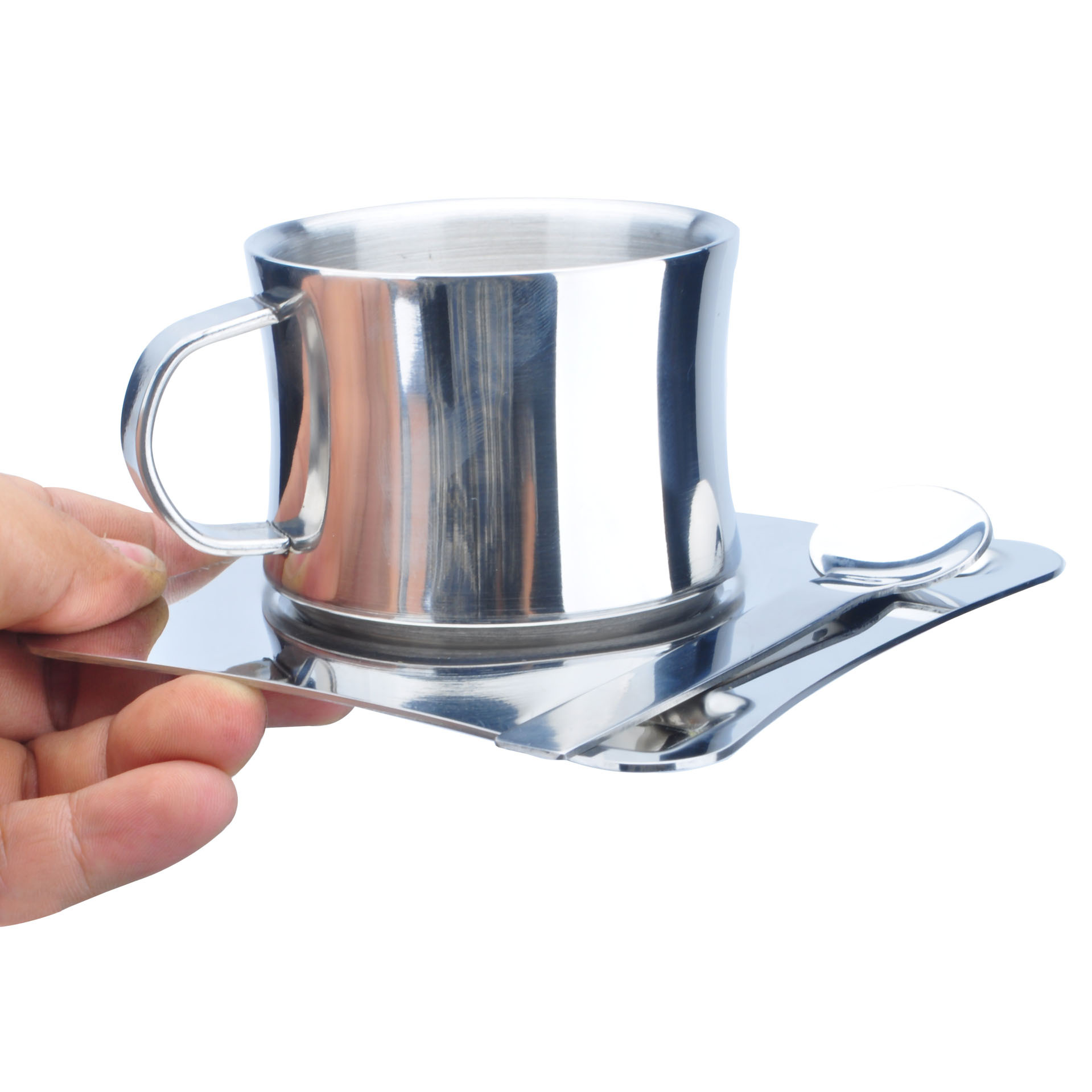 不锈钢腰型咖啡杯 全钢杯碟含勺子办公室水杯双层咖啡杯套装批发 图片