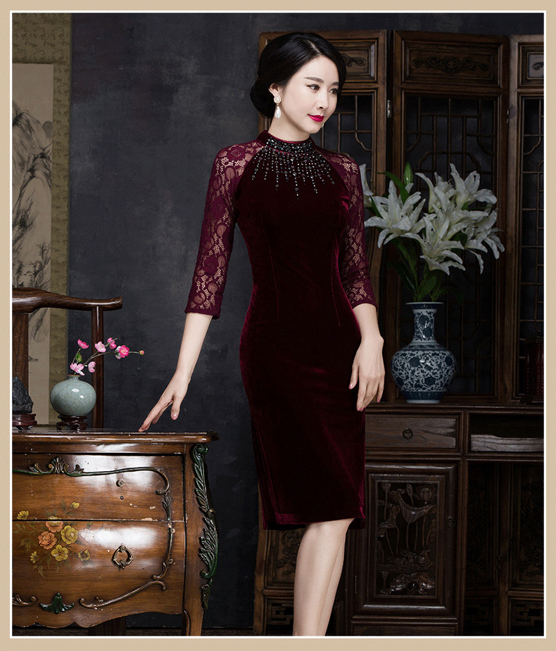 qq 353 秋装新款旗袍 中长款丝绒旗袍裙
