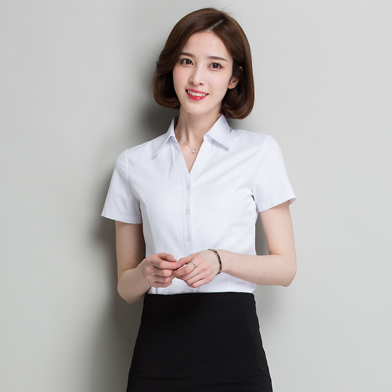 女式衬衫 斜纹短袖衬衣纯色v领商务修身白衬衣 ol白领职业装 批发