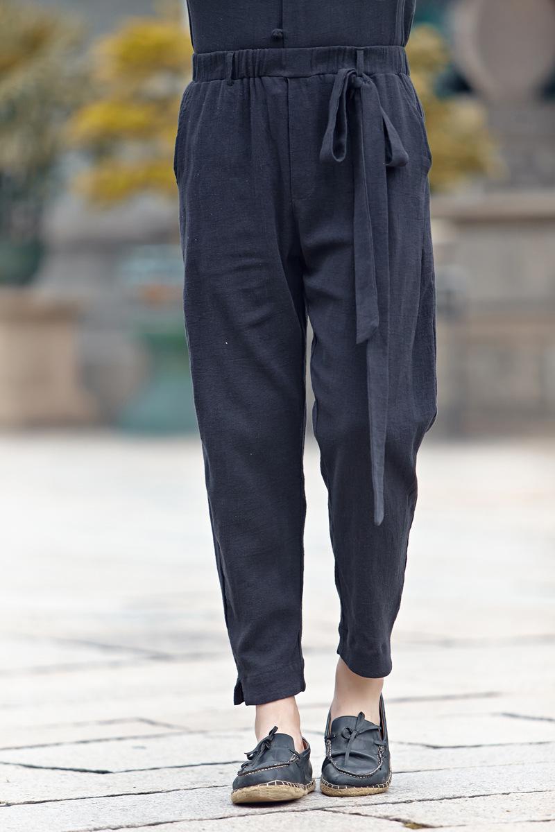 春夏季亚麻男裤中国风男装薄款大码胖子休闲垮裤宽松小脚哈伦裤子