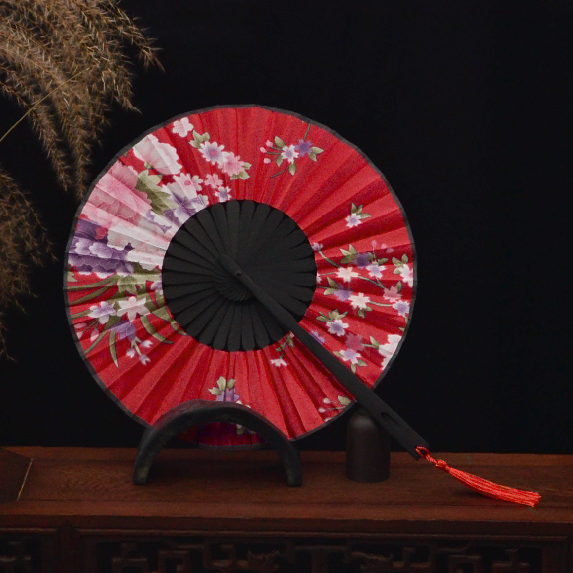 夏日360度折扇 圆形头青竹风车扇 女士扇子 缎面团扇 工艺扇子