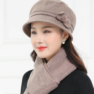 高档羊毛混纺帽子女秋冬季盆帽加厚套装帽子冬天帽中年妈妈帽时尚