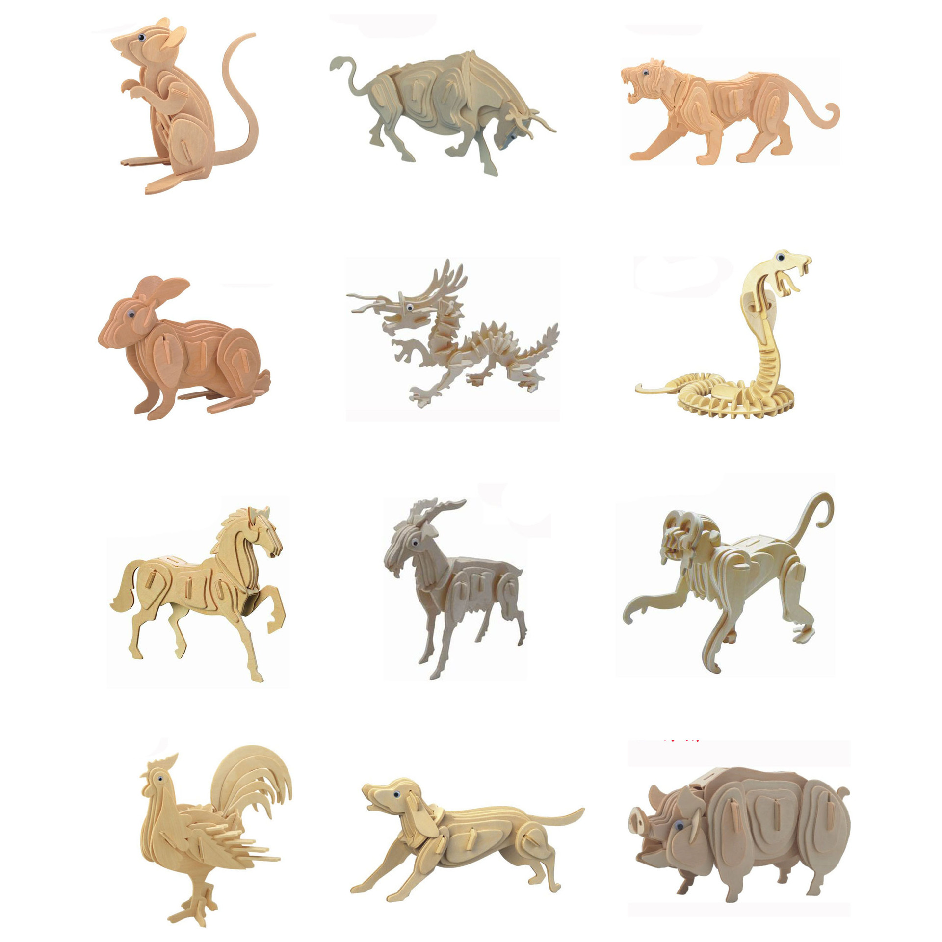 正版四联12生肖木制3d拼图 木质儿童diy手工玩具动物模型批发