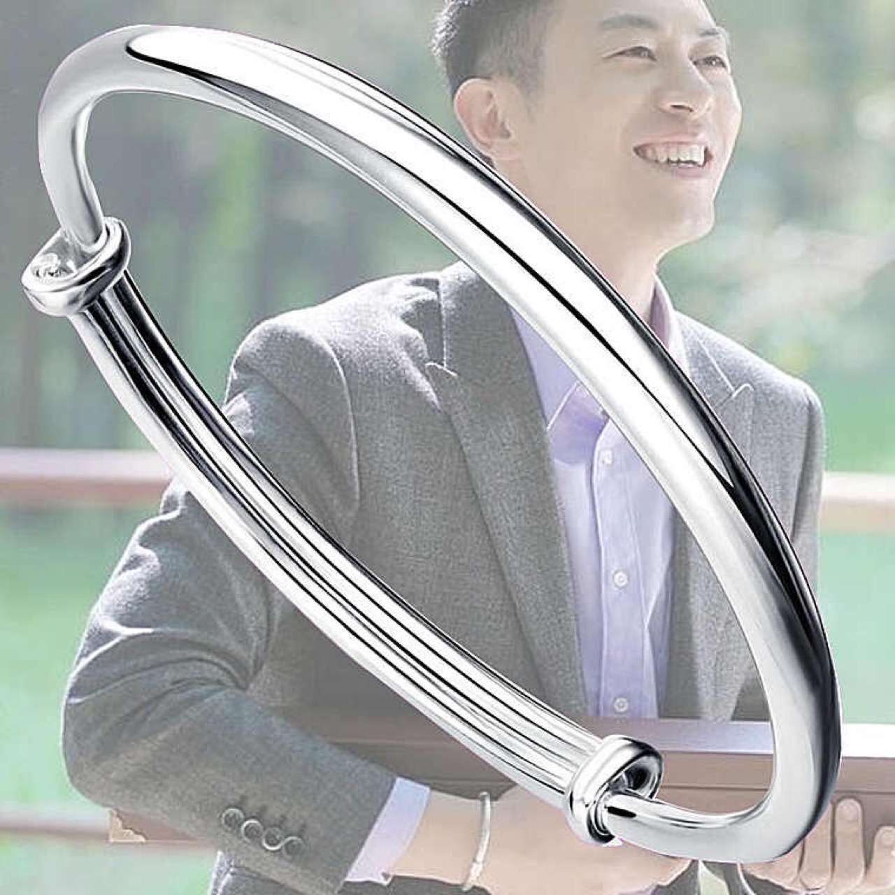 99足银纯银手镯光面圆肚男女款银镯子赵小亮朱亚文同款手镯送女友