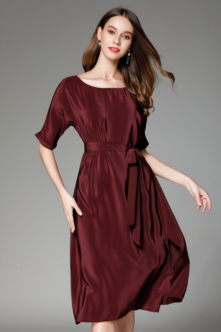 夏季新款重磅真丝连衣裙 五分袖系带开叉纯色桑蚕丝宽松显瘦长裙