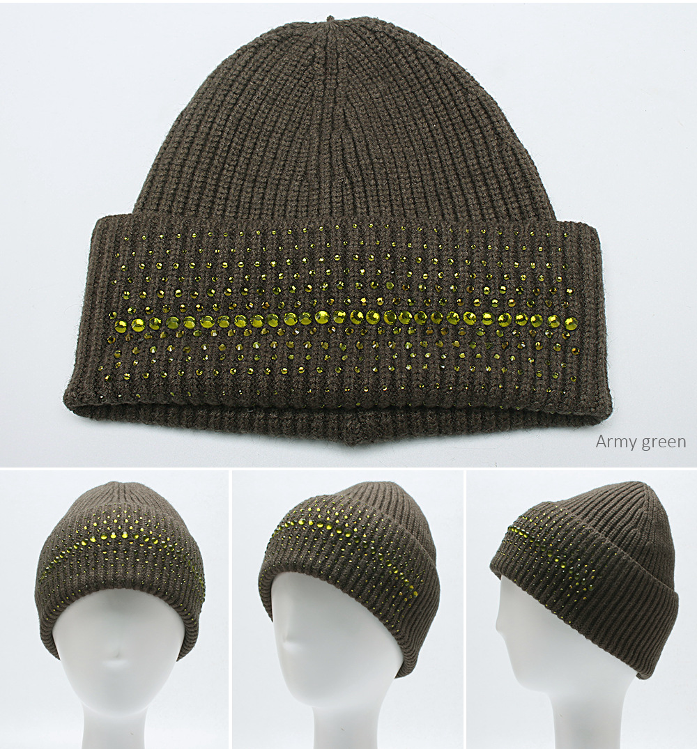 2017冬季针织帽女士毛线帽子 卷边带钻加厚保暖 纯色 批发