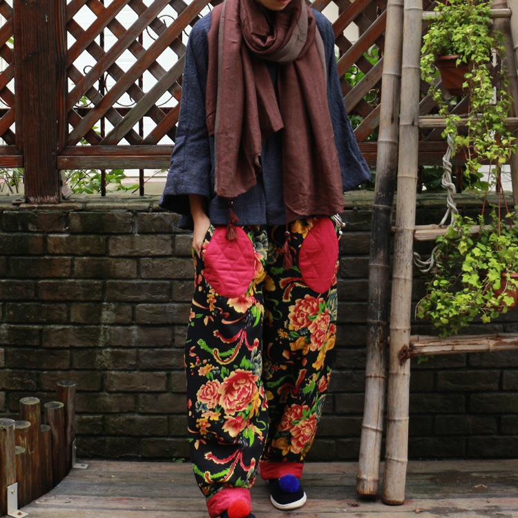 2019新款落古泥老花布撞色松紧腰保暖棉裤家居裤0945