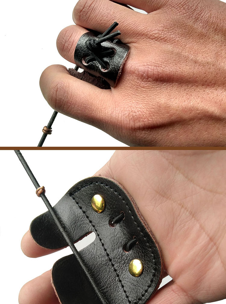 双层棕色牛皮黑影护指射击射箭传统反曲弓箭护具批发