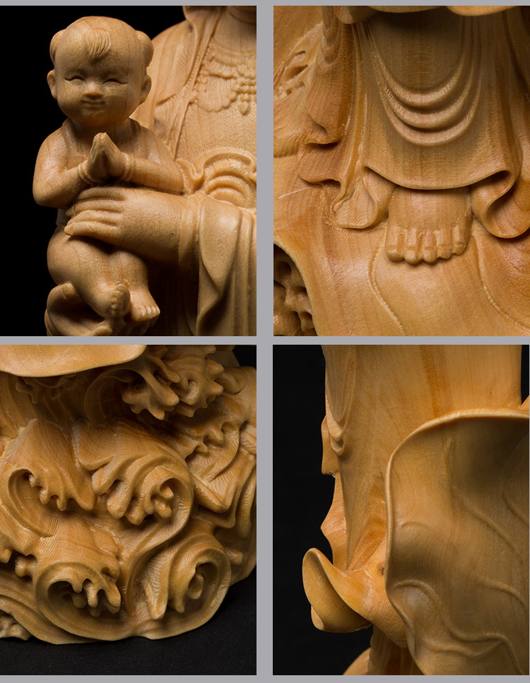 送子观音菩萨佛像黄杨木质工艺品中式家居摆件手工东阳木雕纪念品